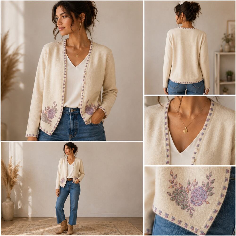 VTG Embroidered Floral Cardigan Cream Cottagecore Storybook Sweater Romantic